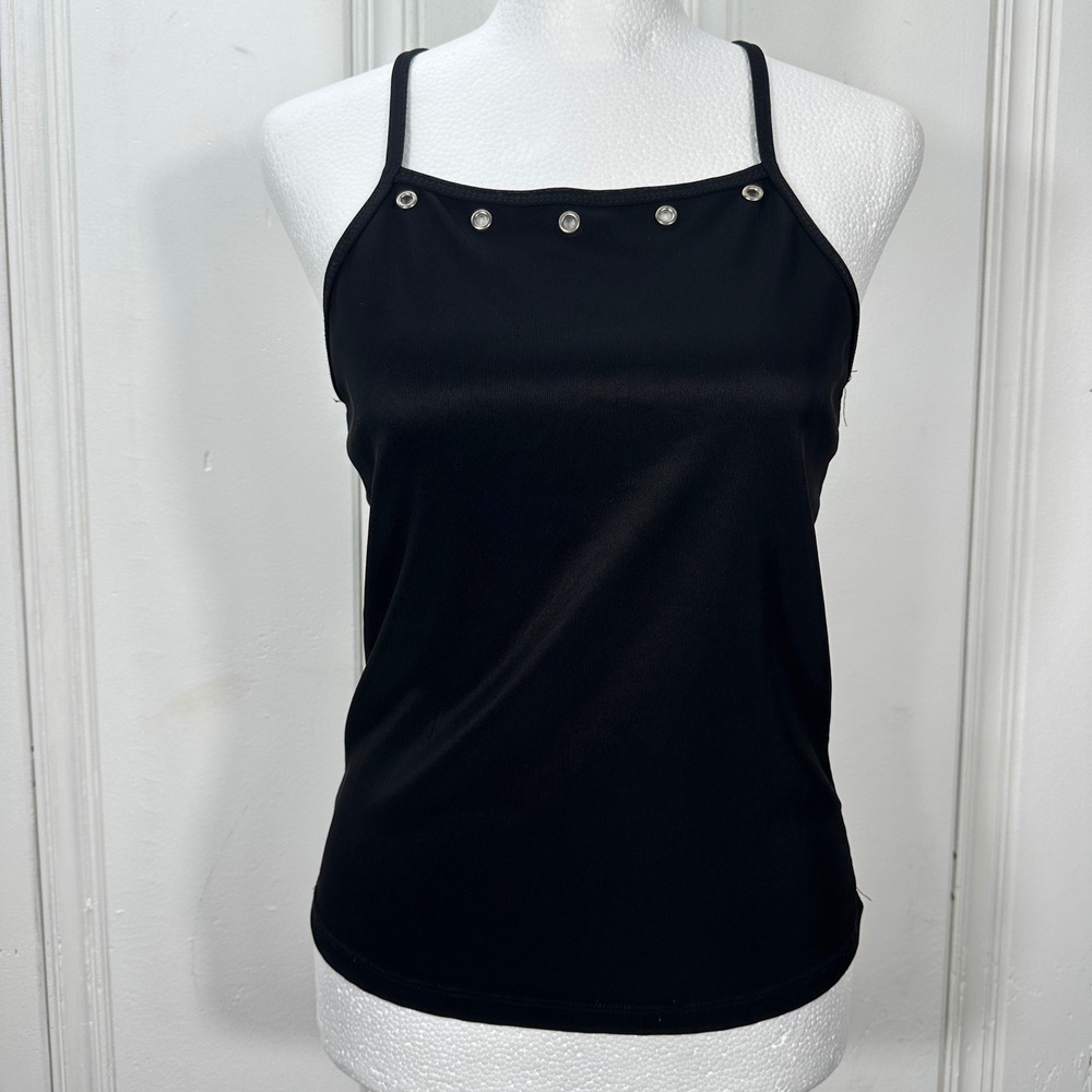 RAG Cami Top Womens Small Black Excellent Grommet Detail Strappy Cross Back